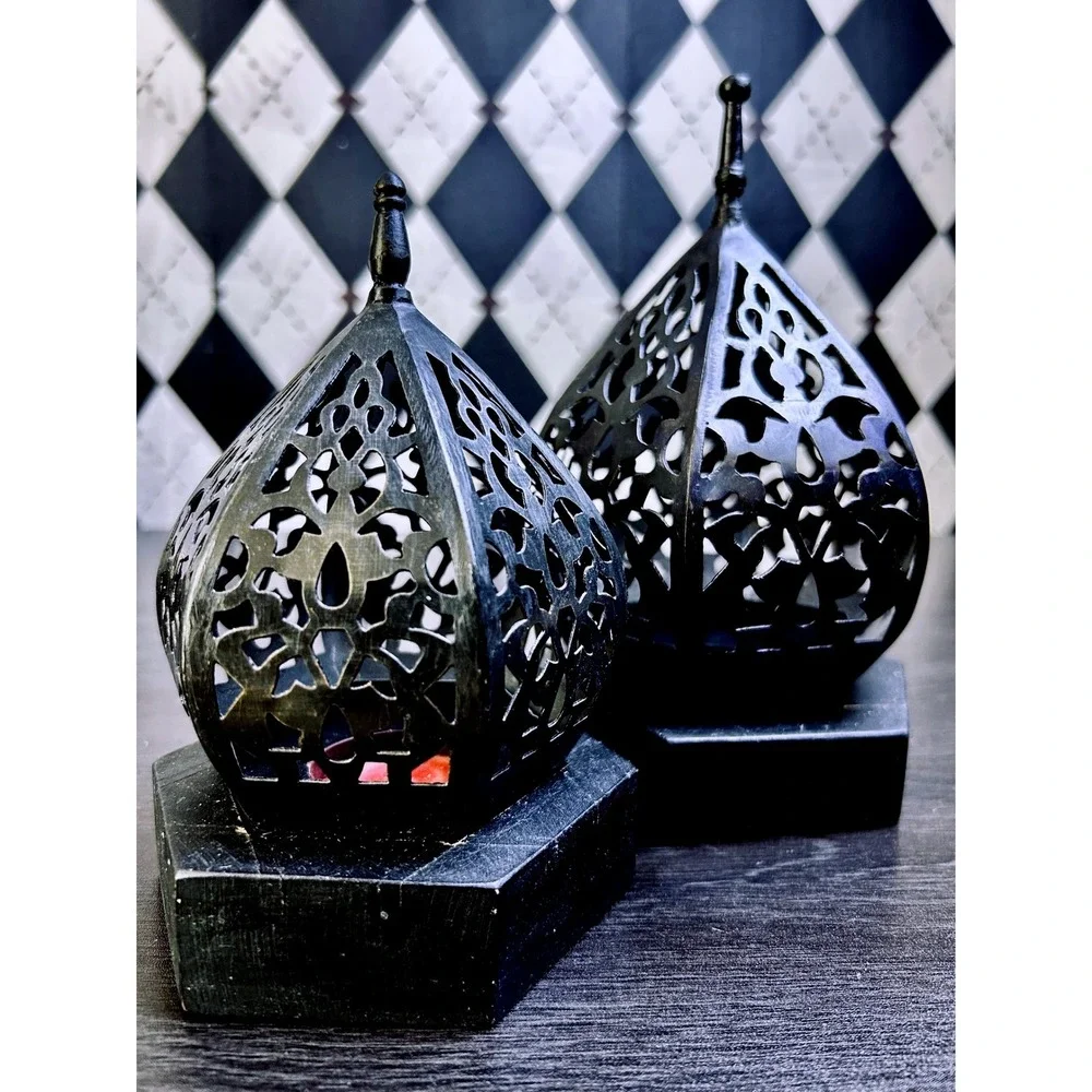 Moroccan Lantern Candleholders Black Pierced Metal Decor Pair